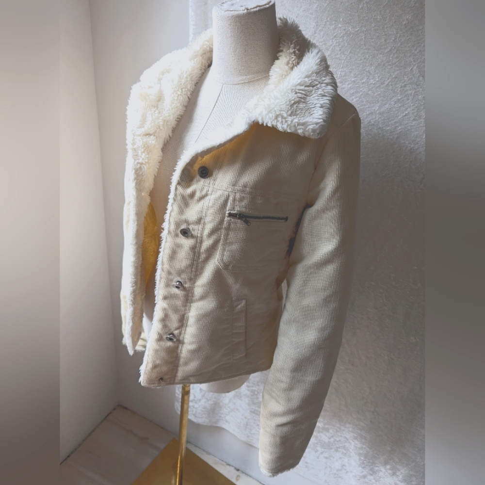 Vtg Corduroy Sherpa Lined Button Up Jacket Cream Color Natural Ivory